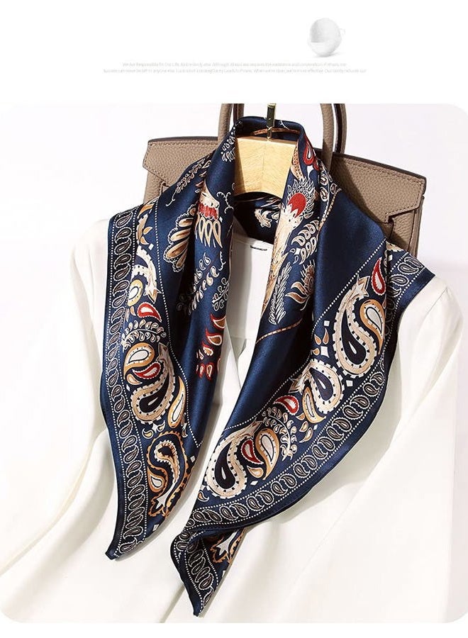 MEISEE 100% Pure Mulberry Silk Square Scarf 27"'x27"-70CM Head Scarf for Women Natural Silk Neckerchief Printed Headscarf, Blue-tree & Bird, 27in - Image 2