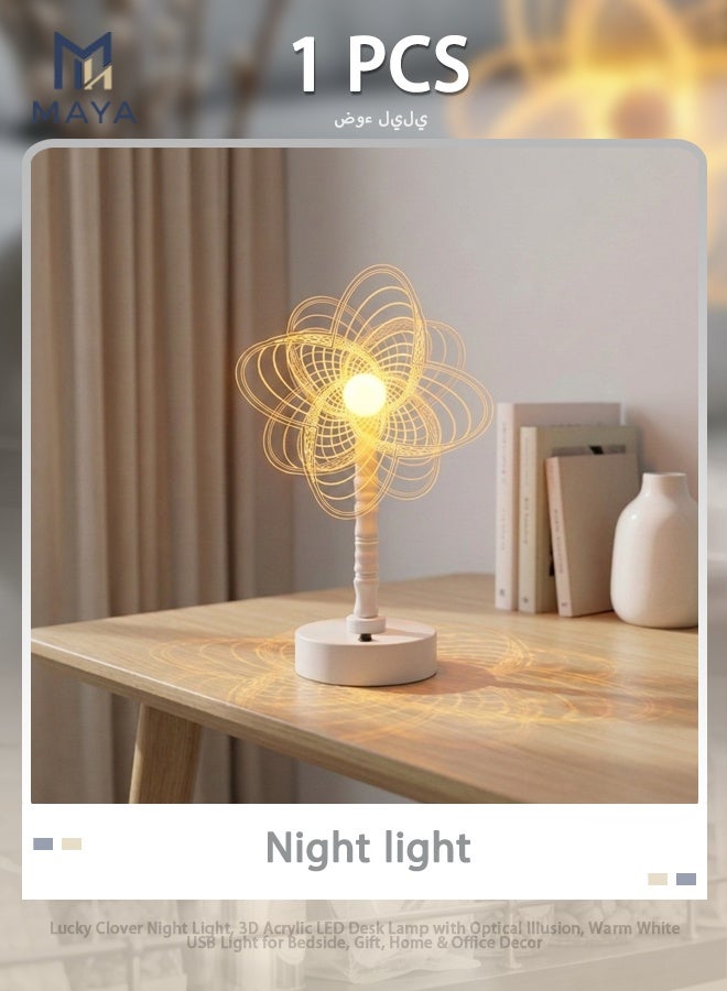 Maya Lucky Clover Night Light, 3D Acrylic LED Desk Lamp with Optical Illusion, Warm White USB Light for Bedside, Gift, Home & Office Decor - Image 1