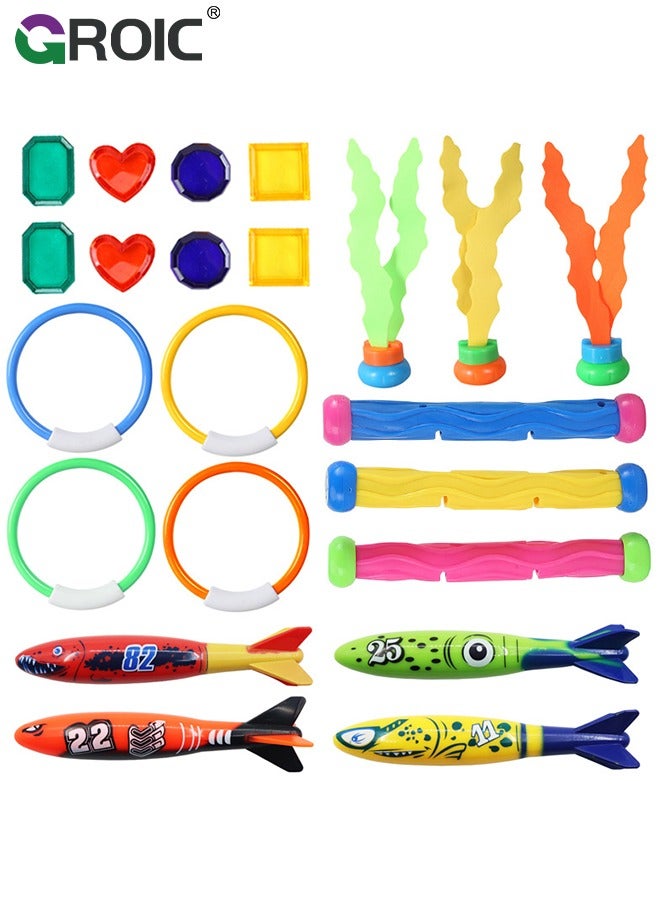 GROIC 22 Piece Diving Playset, Pool Kids Toys, Water Toys, Diving Training Including Diving Rings, Diving Grass, Diving Fish Bones, Underwater Gems - Image 1