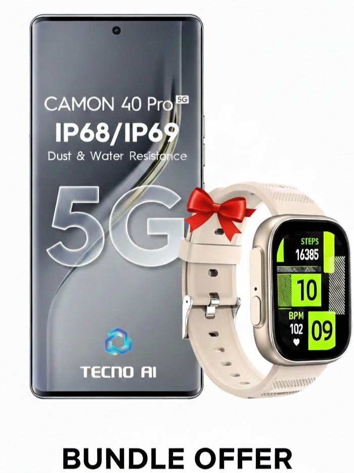TECNO Camon 40 Pro Dual SIM Sandy Titanium 12GB RAM 256GB 5G - Middle East Version & 300 mAh Smart Watch O23, Scratchproof Crystal Screen, IP68 Waterproof , 100+ Fitness Modes, Health Monitoring, Message Reminder, Bluetooth Calling, iOS And Android Compatible Champagne Gold Bundle - Image 1