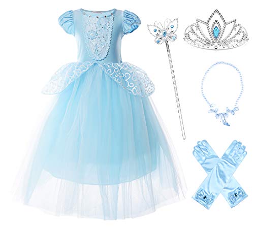 JerrisApparel Girls Princess Costume Puff Sleeve Fancy Birthday Party Dress up 3T Blue with Accessories