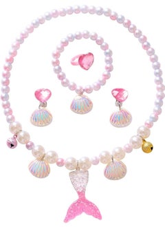Daytoyz 5Pcs Jewelry Sets Kids, Necklace Mermaid Tail Necklace Earrings Bracelet Girls Pearl Necklace Pendant Necklace Ring Set Girls Baby Accessories Mermaid Pearl Theme  - Image 1