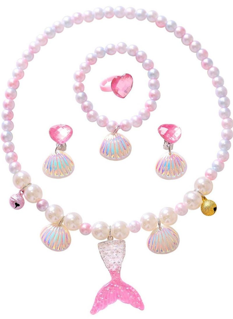 Daytoyz 5Pcs Jewelry Sets Kids, Necklace Mermaid Tail Necklace Earrings Bracelet Girls Pearl Necklace Pendant Necklace Ring Set Girls Baby Accessories Mermaid Pearl Theme  - Image 1