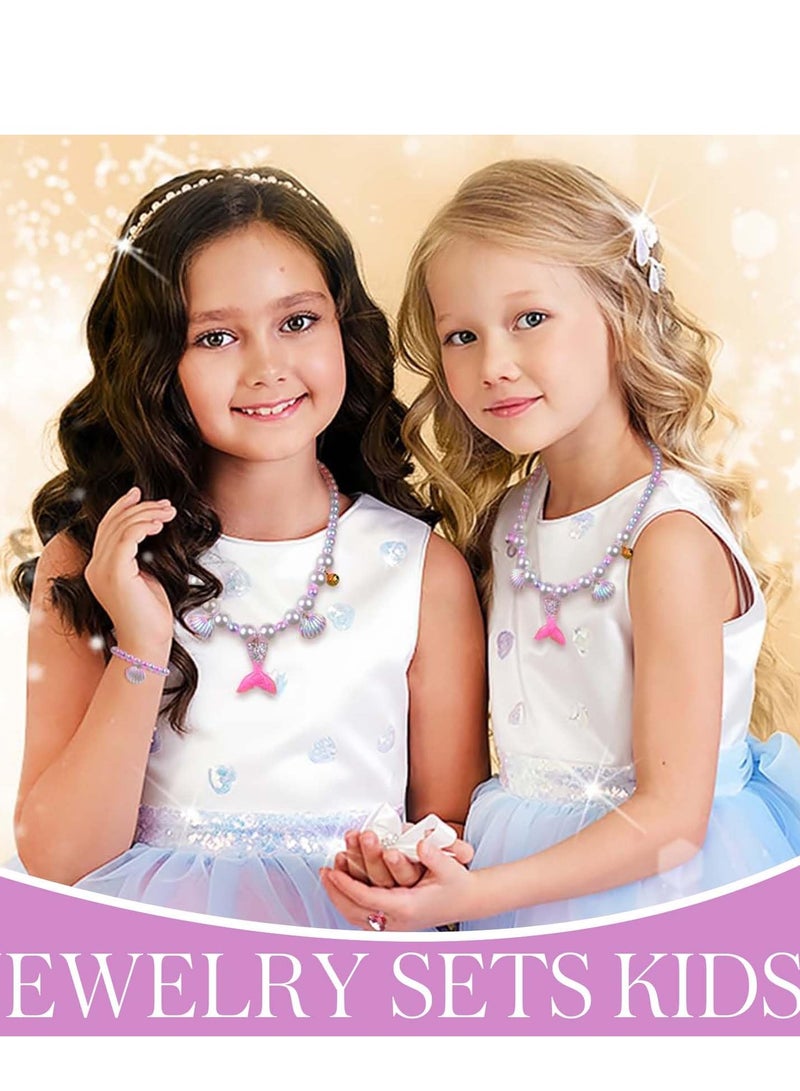 Daytoyz 5Pcs Jewelry Sets Kids, Necklace Mermaid Tail Necklace Earrings Bracelet Girls Pearl Necklace Pendant Necklace Ring Set Girls Baby Accessories Mermaid Pearl Theme  - Image 2