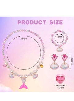 Daytoyz 5Pcs Jewelry Sets Kids, Necklace Mermaid Tail Necklace Earrings Bracelet Girls Pearl Necklace Pendant Necklace Ring Set Girls Baby Accessories Mermaid Pearl Theme  - Image 3