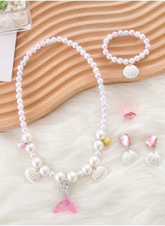 Daytoyz 5Pcs Jewelry Sets Kids, Necklace Mermaid Tail Necklace Earrings Bracelet Girls Pearl Necklace Pendant Necklace Ring Set Girls Baby Accessories Mermaid Pearl Theme  - Image 5