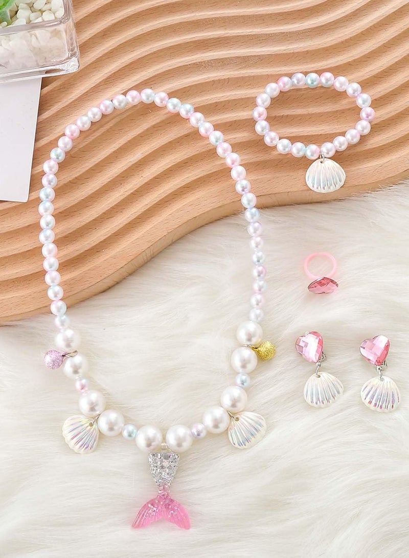 Daytoyz 5Pcs Jewelry Sets Kids, Necklace Mermaid Tail Necklace Earrings Bracelet Girls Pearl Necklace Pendant Necklace Ring Set Girls Baby Accessories Mermaid Pearl Theme  - Image 5