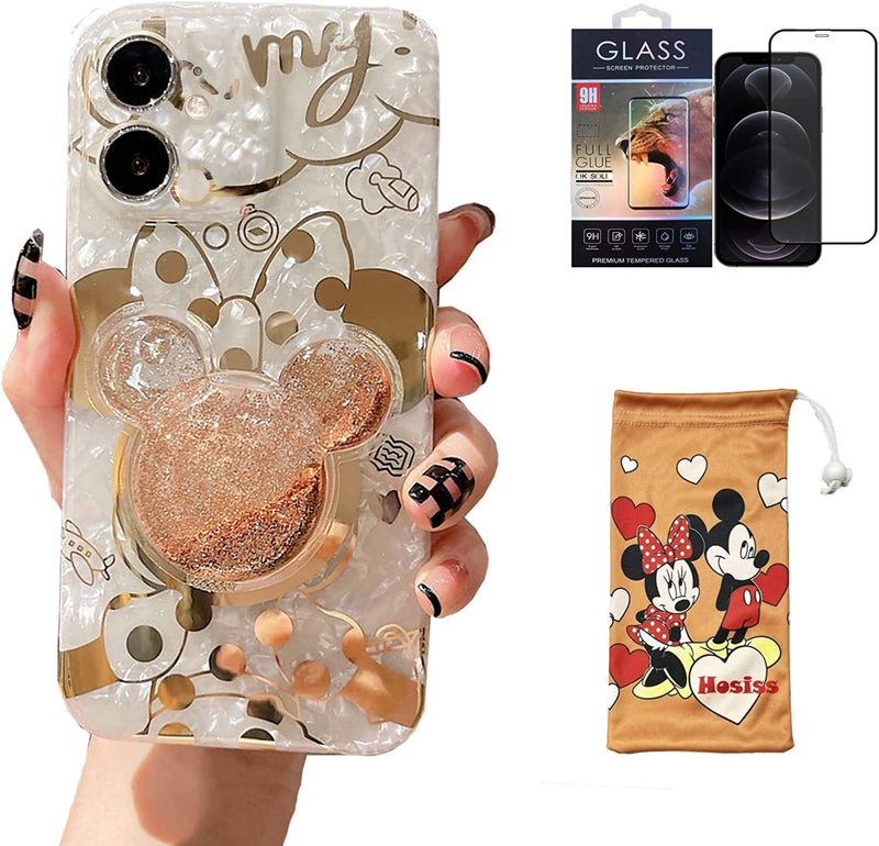 Hosiss Cartoon Case for iPhone 11 6.1'' with HD Screen Protector, Minnie Mouse with Quicksand Cell Phone Holder Strap Soft TPU Shockproof Protective for Girls Women - Image 1