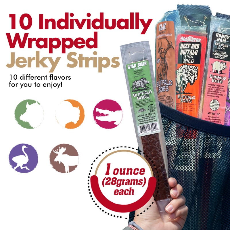 Jerky-n-Spice Buffalo Bob's Exotic Jerky (10 Pack) | Meat Snack Variety Set | Gourmet Wild Game Sampler Gift Set | Beef Jerky Gifts for Men | Snacks for Fathers | Animal Protein Variety Set | Exotic Pack - Image 3