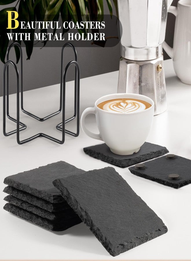 GOH DODD Slate Drink Coasters with Metal Holder, GOH DODD Set of 8 Black Coasters, 4 Inch Stone Coaster Set Tabletop Protection for Home Outdoor Kitchen Apartment Decor Housewarming Gifts Wedding Party, Square - Image 2
