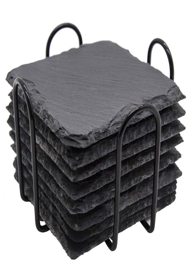 GOH DODD Slate Drink Coasters with Metal Holder, GOH DODD Set of 8 Black Coasters, 4 Inch Stone Coaster Set Tabletop Protection for Home Outdoor Kitchen Apartment Decor Housewarming Gifts Wedding Party, Square - Image 1