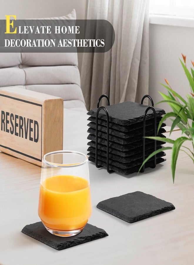 GOH DODD Slate Drink Coasters with Metal Holder, GOH DODD Set of 8 Black Coasters, 4 Inch Stone Coaster Set Tabletop Protection for Home Outdoor Kitchen Apartment Decor Housewarming Gifts Wedding Party, Square - Image 5