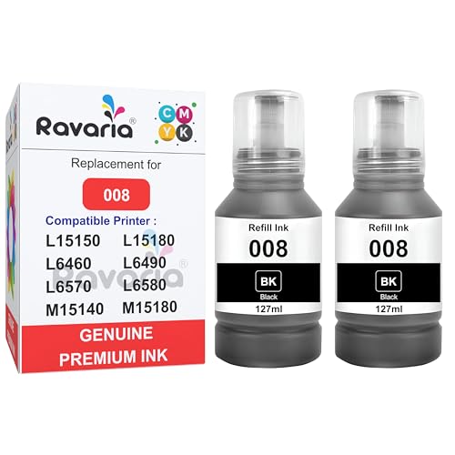 Ravaria 008 Compatible Ink for Epson Printer L15150, L15180, L6460, L6490, L6570, L6580, M15140, and M15180 (008 Ink Black 2 Pcs) - Image 1