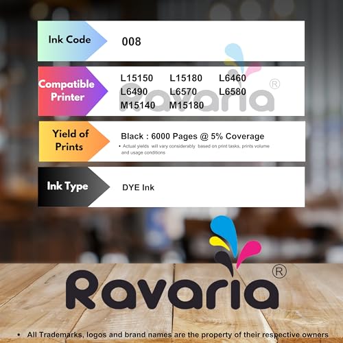 Ravaria 008 Compatible Ink for Epson Printer L15150, L15180, L6460, L6490, L6570, L6580, M15140, and M15180 (008 Ink Black 2 Pcs) - Image 2