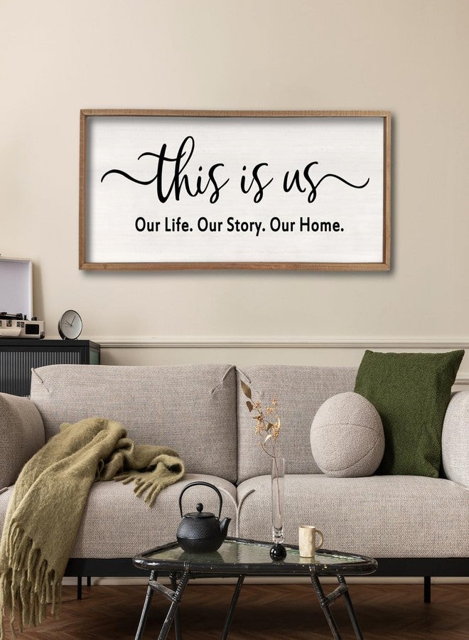 comurdyo This is us Wall Decor Sign 32'' x 12'' Large Master Bedroom Home Life Story Wood Framed Vintage Family Sign Rustic Plaque Living Room Minimalist Farmhouse Hanging Wall Art (Wood) - Image 3