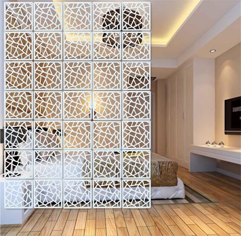 BMIDRUT White Hanging Room Divider12 Pieces WoodPlastic DIY Panel Screens Partition Wall Dividers Room Decoration with All Accessories 114x114 Inch