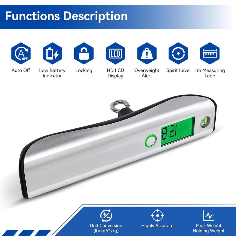 VOPOCO Digital Luggage Scale 110lb Archery Bow Scale with Peak Hold Mode, Fish Scale with 3 ft Tape Measure, Backlit LCD Display, Portable Handheld Hanging Scale for Travel, Fishing, Hunting, Home Use - Image 2