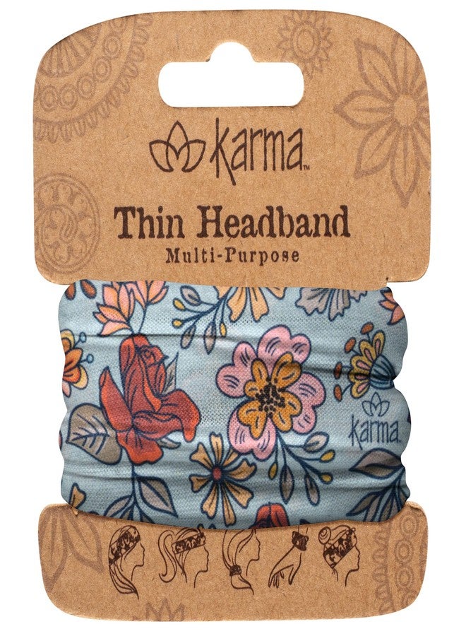 Karma American Floral Headband for Women - Thin - Fabric Headband and Stretchy Hair Scarf - Blue Floral - Image 1