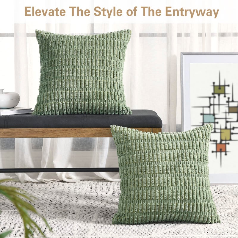 Volcanics Pack of 2 Sage Green Decorative Throw Pillow Covers 18x18 Inch, Soft Corduroy Striped Square Cushion Cases, Modern Farmhouse Boho Home Decor for Spring Couch Bed Sofa Living Room - Image 4