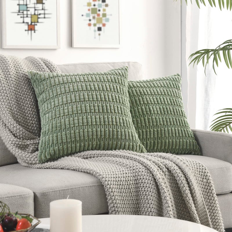 Volcanics Pack of 2 Sage Green Decorative Throw Pillow Covers 18x18 Inch, Soft Corduroy Striped Square Cushion Cases, Modern Farmhouse Boho Home Decor for Spring Couch Bed Sofa Living Room - Image 1