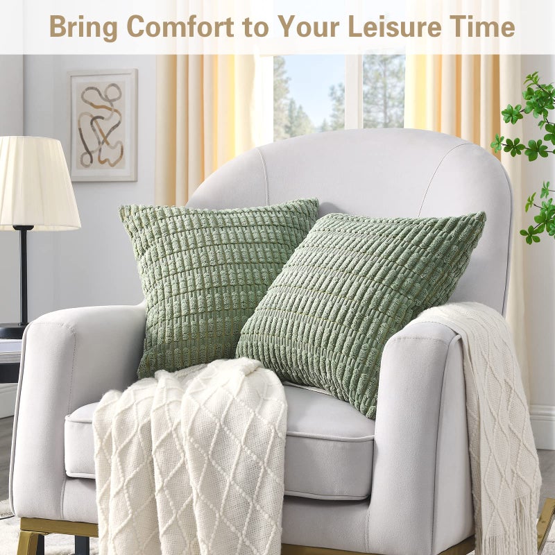 Volcanics Pack of 2 Sage Green Decorative Throw Pillow Covers 18x18 Inch, Soft Corduroy Striped Square Cushion Cases, Modern Farmhouse Boho Home Decor for Spring Couch Bed Sofa Living Room - Image 3