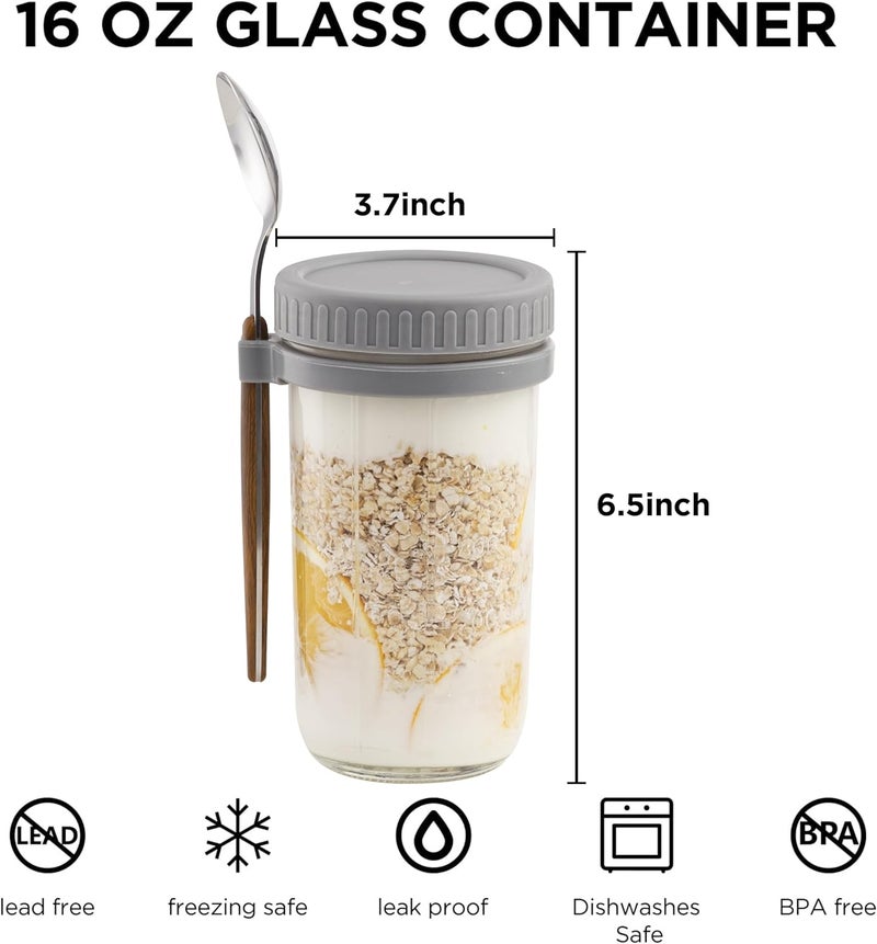 Famyards 4 Pack Overnight Oats Containers with Airtight Lids and Spoons, 21oz Glass Mason Jars with Measurement Marks, Oatmeal Jars for Cereal, Yogurt, Milk, Salads, Fruit, 2 Grey+2 White (Large) - Image 4