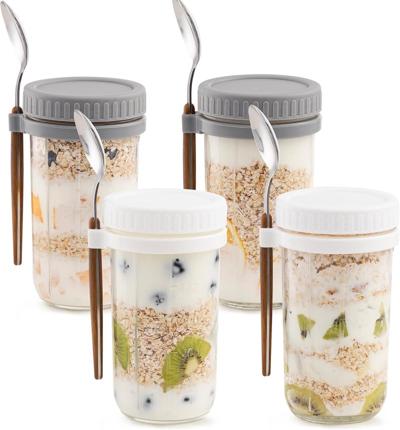 Famyards 4 Pack Overnight Oats Containers with Airtight Lids and Spoons, 21oz Glass Mason Jars with Measurement Marks, Oatmeal Jars for Cereal, Yogurt, Milk, Salads, Fruit, 2 Grey+2 White (Large) - Image 1