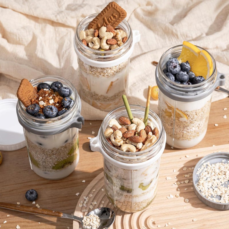 Famyards 4 Pack Overnight Oats Containers with Airtight Lids and Spoons, 21oz Glass Mason Jars with Measurement Marks, Oatmeal Jars for Cereal, Yogurt, Milk, Salads, Fruit, 2 Grey+2 White (Large) - Image 2