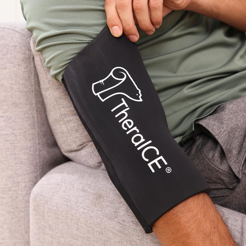 TheraICE غلاف ضغط ثيرا آيس لآلام الكوع مع حزمة ثلج قابلة لإعادة الاستخدام، حزم جل باردة، آلام الساق، إجهاد الساق، لفافة باردة مرنة للتعافي من آلام الكوع، تخفيف آلام التهاب الأوتار (S) - Image 5