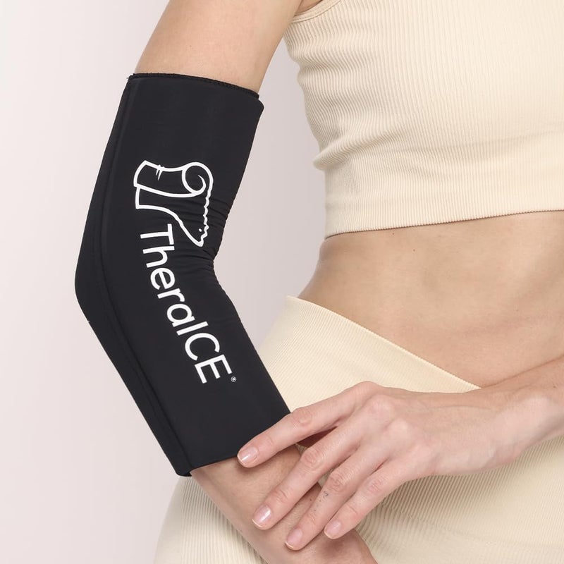 TheraICE غلاف ضغط ثيرا آيس لآلام الكوع مع حزمة ثلج قابلة لإعادة الاستخدام، حزم جل باردة، آلام الساق، إجهاد الساق، لفافة باردة مرنة للتعافي من آلام الكوع، تخفيف آلام التهاب الأوتار (S) - Image 4