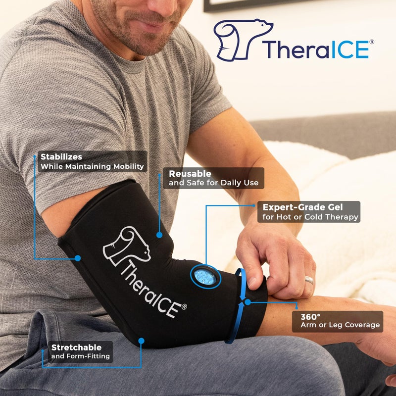 TheraICE غلاف ضغط ثيرا آيس لآلام الكوع مع حزمة ثلج قابلة لإعادة الاستخدام، حزم جل باردة، آلام الساق، إجهاد الساق، لفافة باردة مرنة للتعافي من آلام الكوع، تخفيف آلام التهاب الأوتار (S) - Image 2