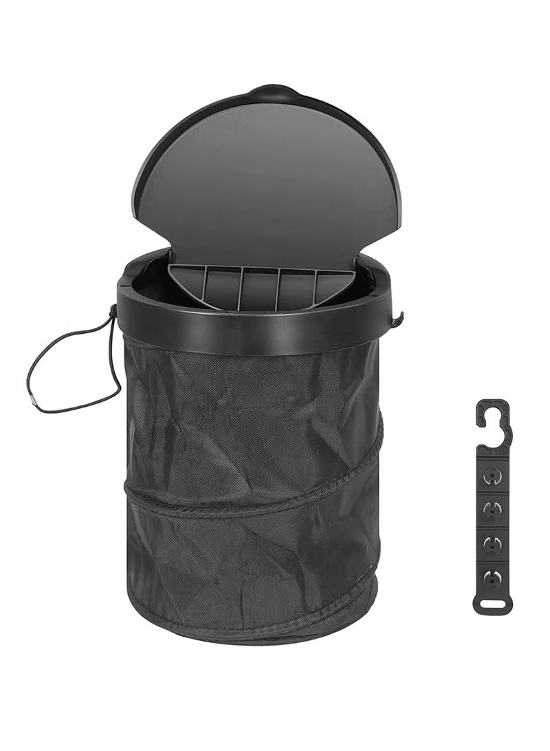 زيفانا سلة مهملات قابلة للطي للسيارة مع غطاء، سلة مهملات قابلة للطي للسيارة، حاوية سلة مهملات قابلة للطي، كيس تخزين قمامة متعدد الوظائف مقاوم للتسرب ومقاوم للماء، سلة مهملات مع خطاف تعليق، لون أسود - Image 1