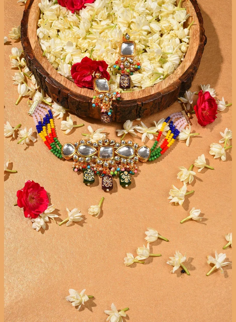 SOHI Gold Plated Kundan Beaded Necklace and Earring Set