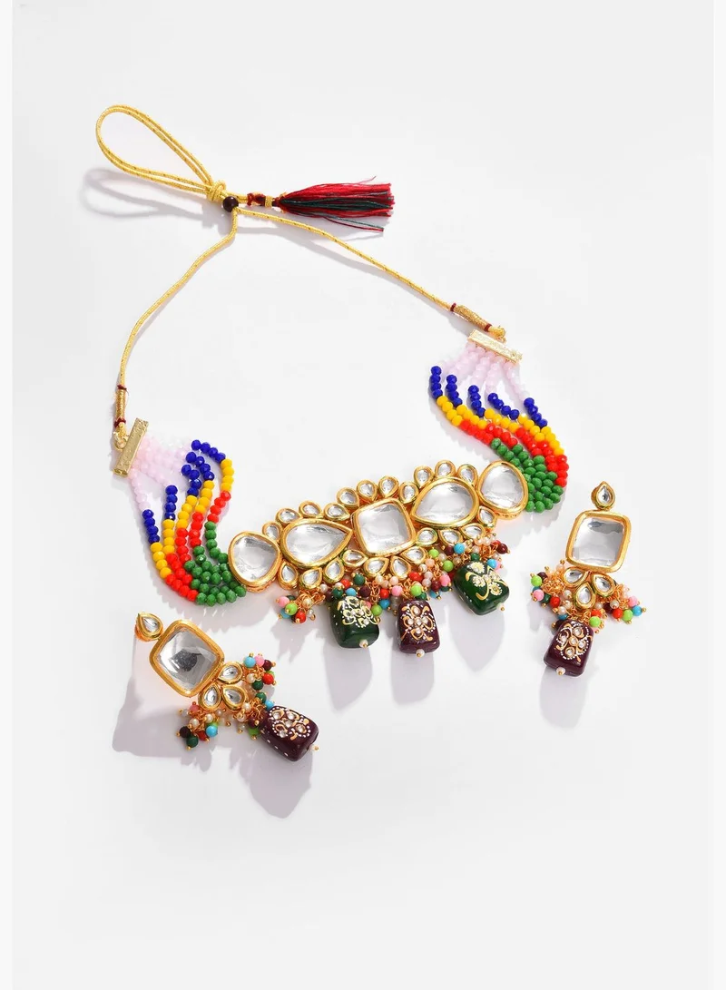 SOHI Gold Plated Kundan Beaded Necklace and Earring Set