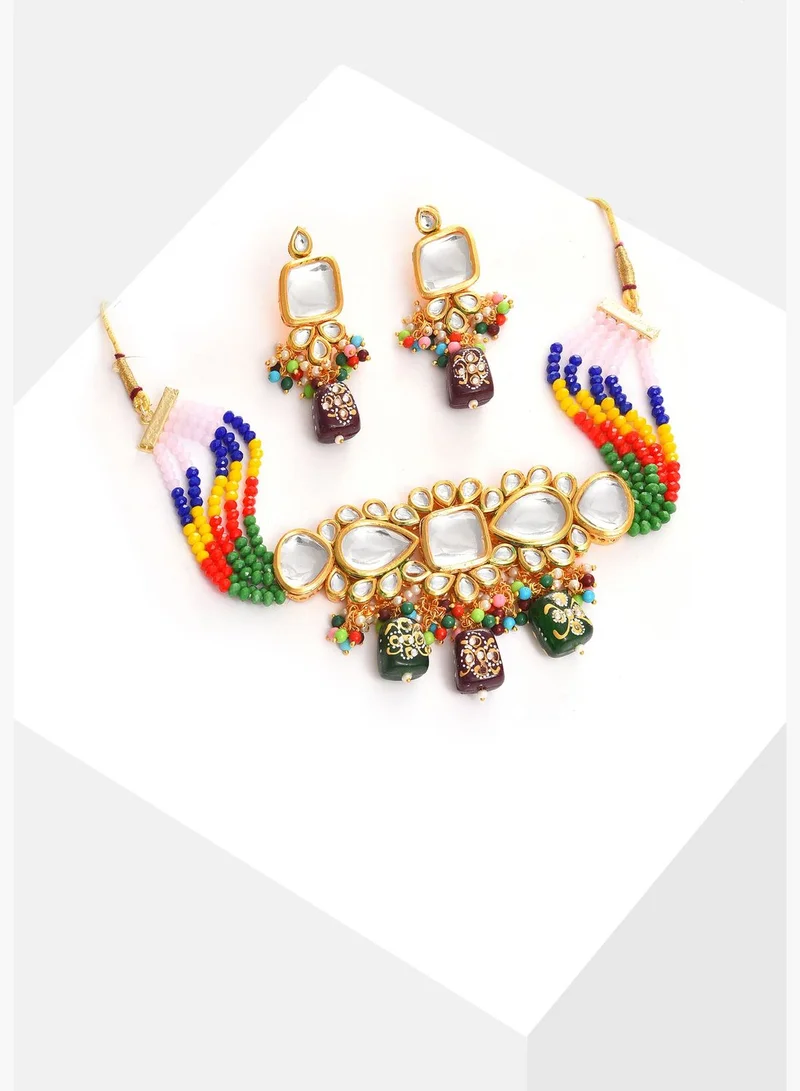 SOHI Gold Plated Kundan Beaded Necklace and Earring Set