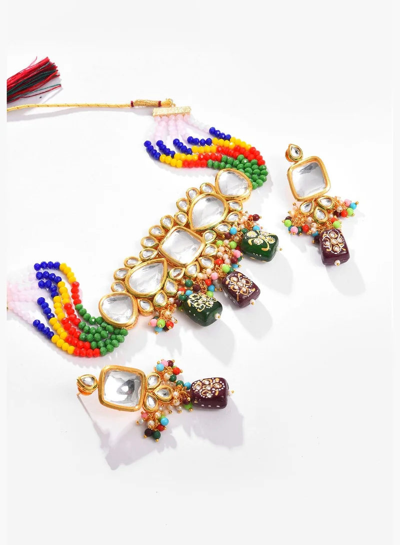 SOHI Gold Plated Kundan Beaded Necklace and Earring Set