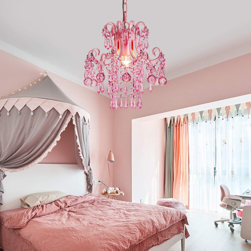QS Q&S Mini Crystal Chandelier, Modern Pink Chandelier,Small Hanging Light Fixture for Princess Room Dressing Room Bathroom Clothing Store Salon W11.8 1 Light E26. UL Listed - Image 2