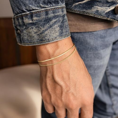 Moodear Stack 6.5Inches Chain Men Bracelet - Thin 14K Gold Plated 2mm Snake Cuban Bracelet Sets for Mens Trendy Jewelry Gift - Image 3
