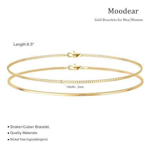 Moodear Stack 6.5Inches Chain Men Bracelet - Thin 14K Gold Plated 2mm Snake Cuban Bracelet Sets for Mens Trendy Jewelry Gift - Image 5