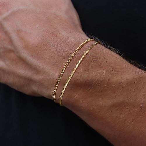 Moodear Stack 6.5Inches Chain Men Bracelet - Thin 14K Gold Plated 2mm Snake Cuban Bracelet Sets for Mens Trendy Jewelry Gift - Image 2