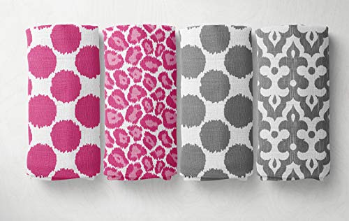 Bacati - 4 Pack Ikat Baby Swaddle Blanket Girls Swaddle Wrap Soft Breathable Cotton Muslin Swaddle Blankets Receiving Blanket for Girls, Large 45 x 45 inches (Dots/Leopard Pink/Grey) - Image 1