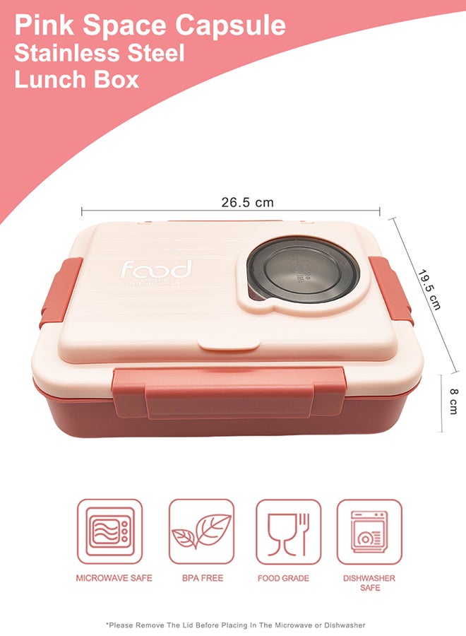 Noon East Stainless Steel Lunch Box, 1100ml, Double Decker, Flowproof Lid, Portable Food Container - Pink  - Image 2