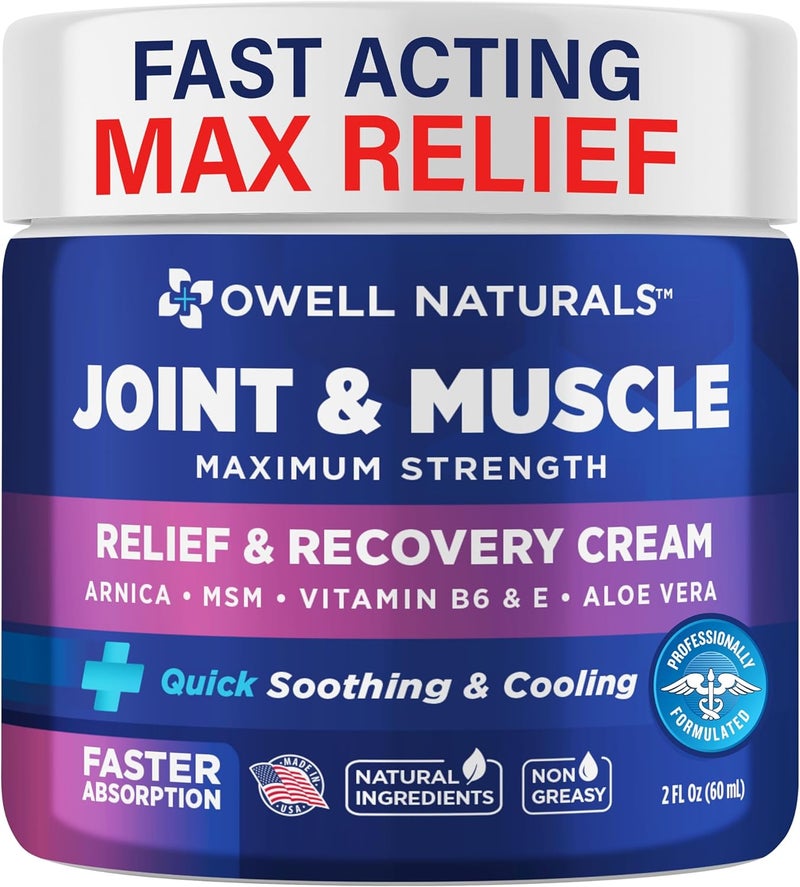 OWELL NATURALS Joint & Muscle Therapy Soothing Comfort Cream, All-Natural, Maximum Strength Relief & Recovery for Back, Neck, Hands, Feet, Shoulder - Fast-Acting,