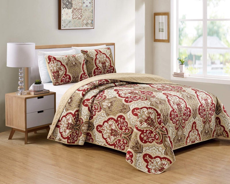 Luxury Home Collection 2 Piece TwinTwin XL Quilted Reversible Coverlet Bedspread Set Floral Printed Taupe Red