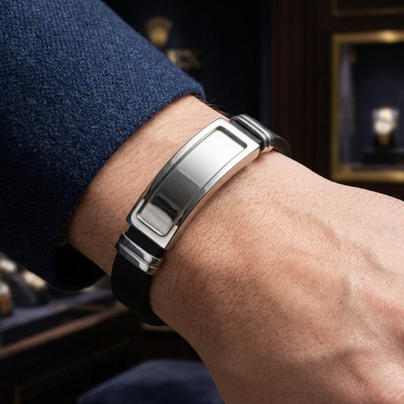 A luxurious men's bracelet, combining the elegance of rust-resistant stainless steel with flexible silicone, featuring a shiny silver metal piece. A modern touch that reflects your sophistication. - Image 2