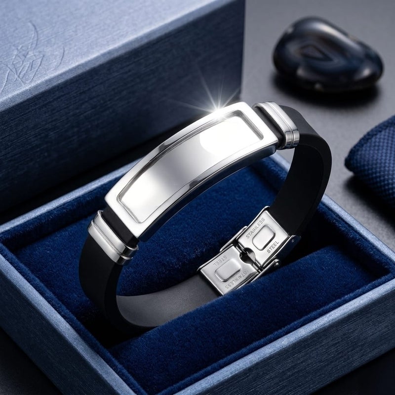 A luxurious men's bracelet, combining the elegance of rust-resistant stainless steel with flexible silicone, featuring a shiny silver metal piece. A modern touch that reflects your sophistication. - Image 4