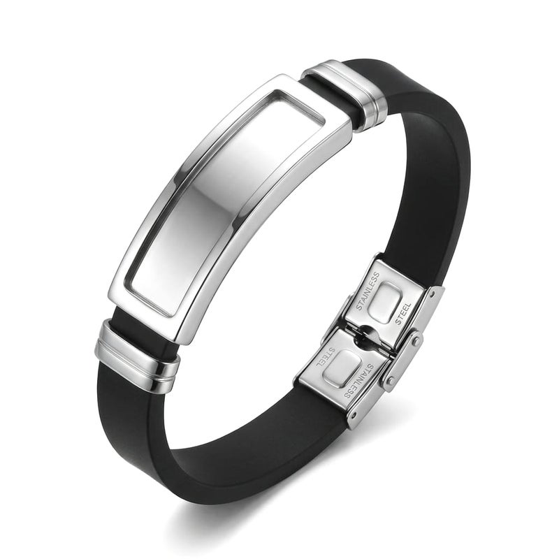 A luxurious men's bracelet, combining the elegance of rust-resistant stainless steel with flexible silicone, featuring a shiny silver metal piece. A modern touch that reflects your sophistication. - Image 1