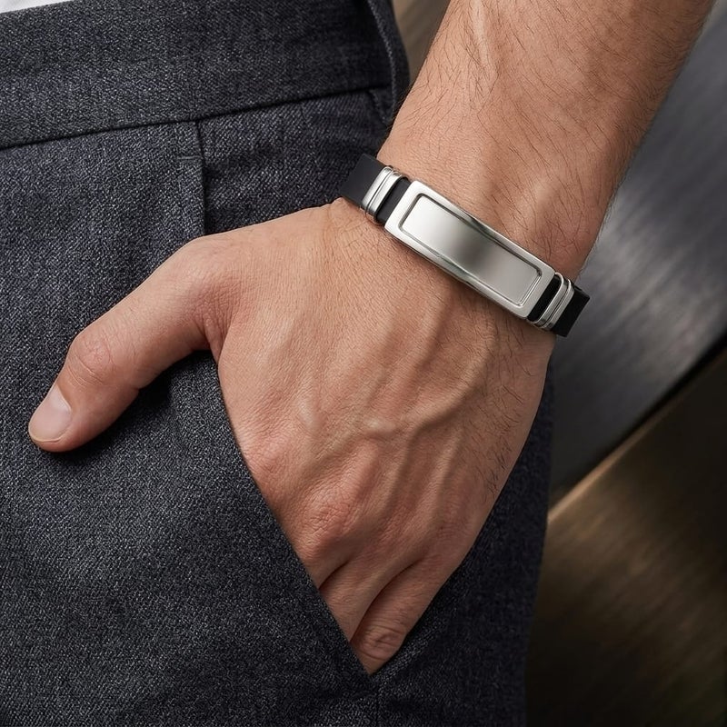 A luxurious men's bracelet, combining the elegance of rust-resistant stainless steel with flexible silicone, featuring a shiny silver metal piece. A modern touch that reflects your sophistication. - Image 3
