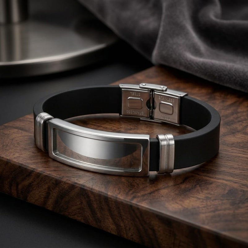 A luxurious men's bracelet, combining the elegance of rust-resistant stainless steel with flexible silicone, featuring a shiny silver metal piece. A modern touch that reflects your sophistication. - Image 5
