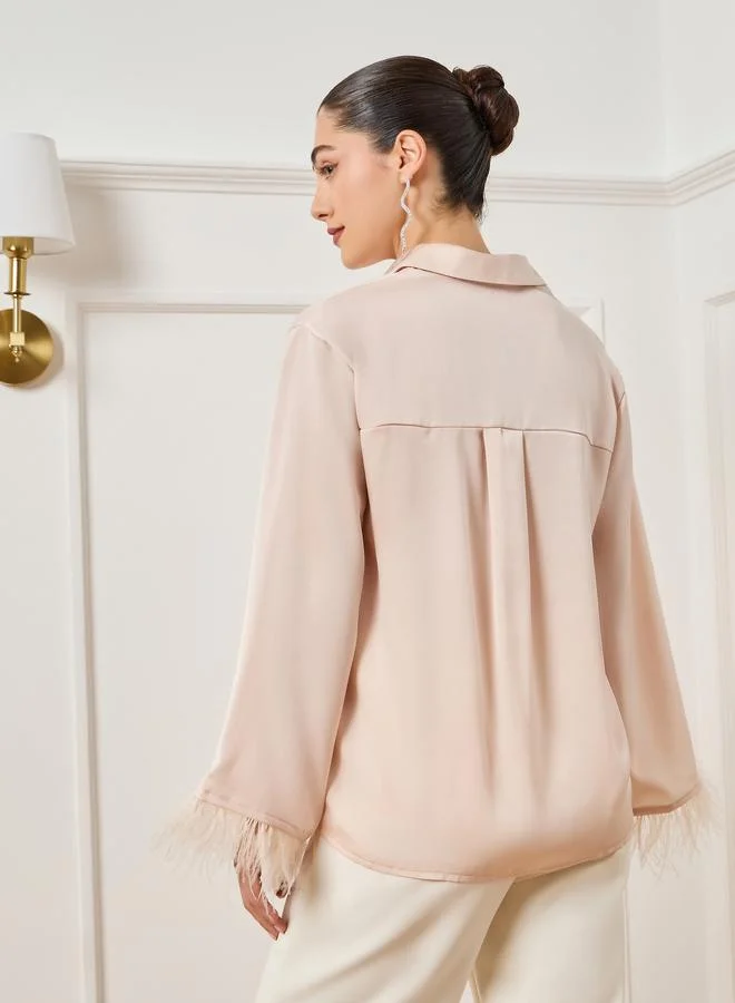 Styli  Women Cream Satin Shirt with Feathered Trims for Women | Best Price UAE